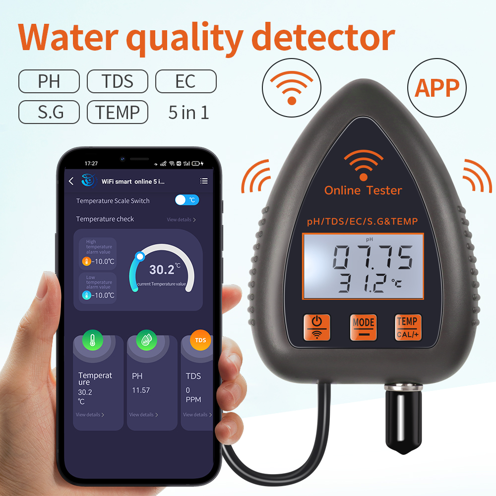 Ph Meter Digital Water Tester - Tuya WiFi 5 в 1 TDS/EC/SALT/S.G./TEMP